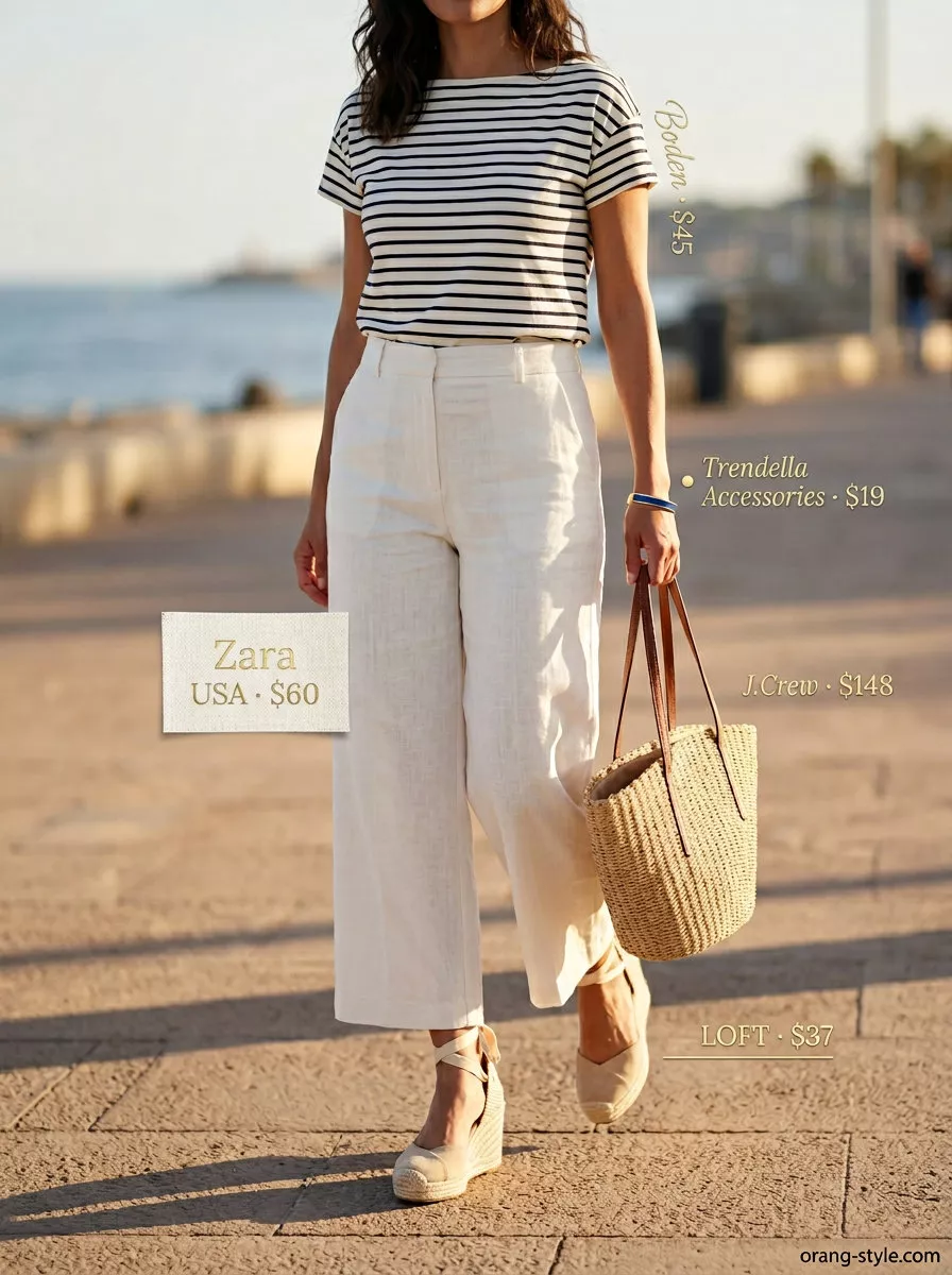 Coastal chic outfit: cream tailored culottes, navy stripe boatneck tee, espadrilles, and straw tote bag.