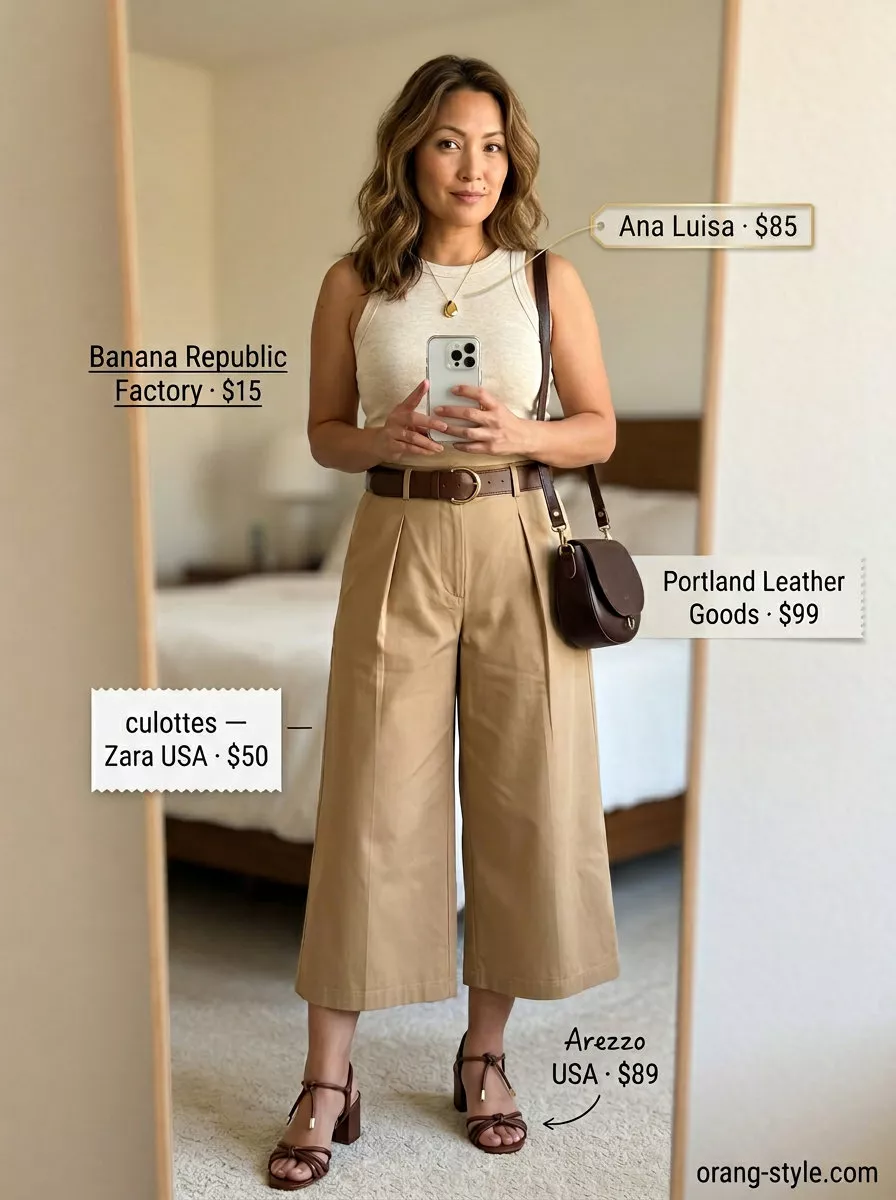 Earthy tones outfit: camel tailored culottes, cream ribbed tank, brown crossbody bag, and leather block heels.