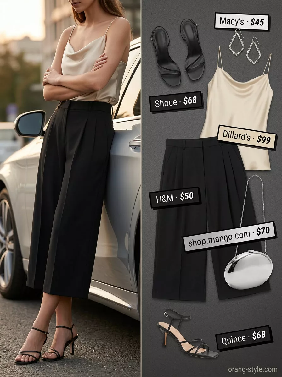 Glamorous evening outfit with black tailored culottes, champagne satin camisole, and silver strappy heels.