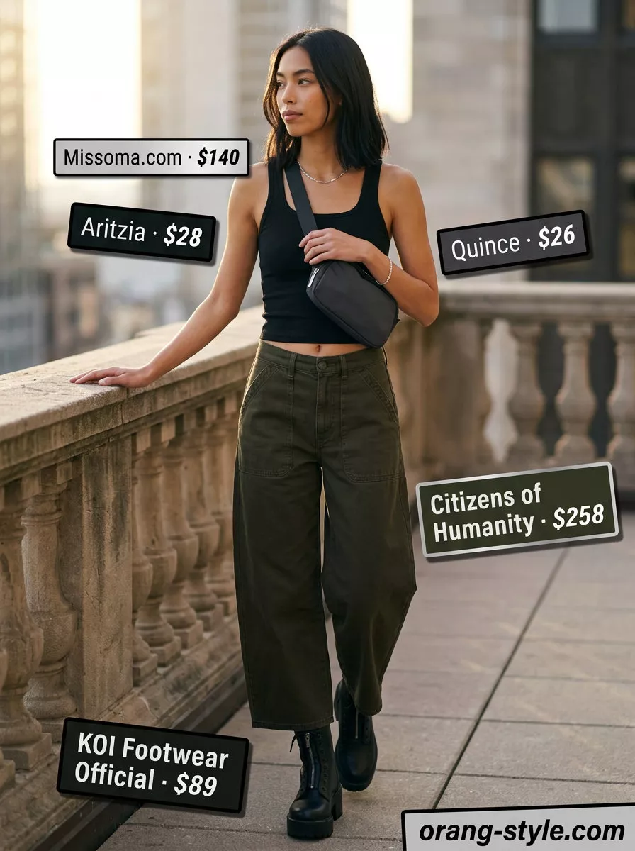 Edgy modern outfit: olive green cargo culottes, black ribbed tank, combat boots, and nylon belt bag.