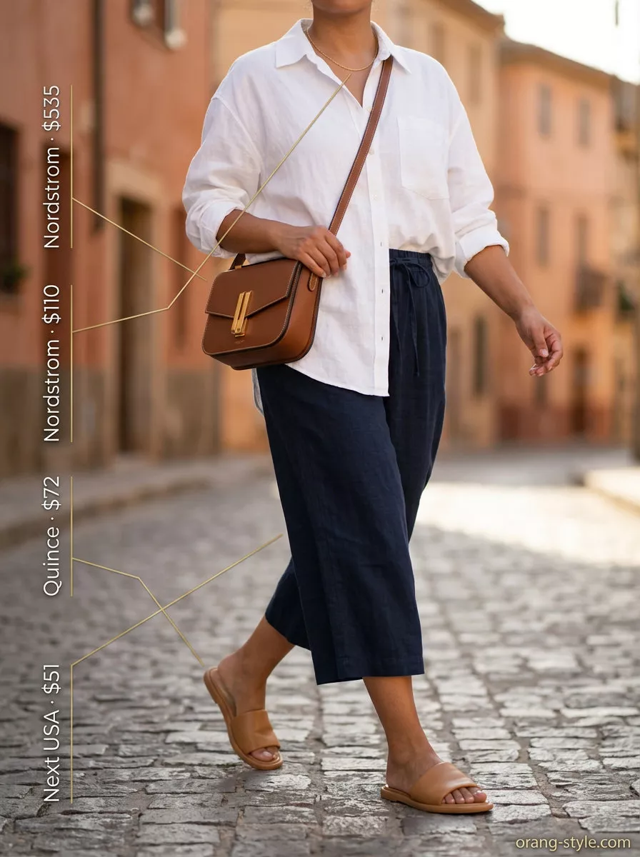 Sophisticated summer outfit: navy tailored culottes, crisp white linen shirt, tan crossbody bag, and flat sandals.
