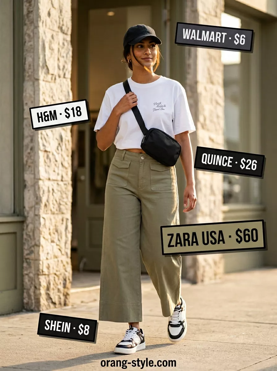 Casual weekend outfit: olive green culottes, graphic tee, chunky sneakers, belt bag, and baseball cap.