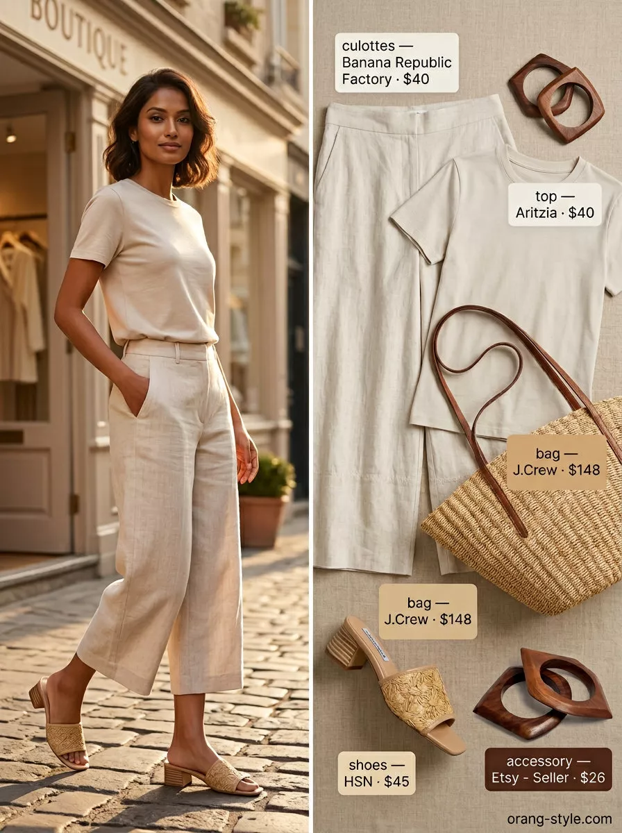 Elegant summer tailored culottes for women 2026 in beige linen with a cream knit top and raffia sandals for a chic daytime look.