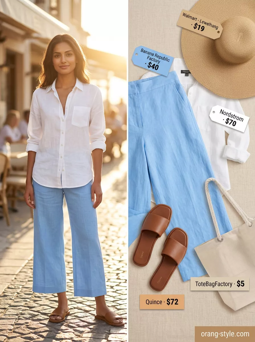 Fresh summer tailored culottes for women 2026 in light blue linen with a white button-down and tan slides for a relaxed coastal vibe.