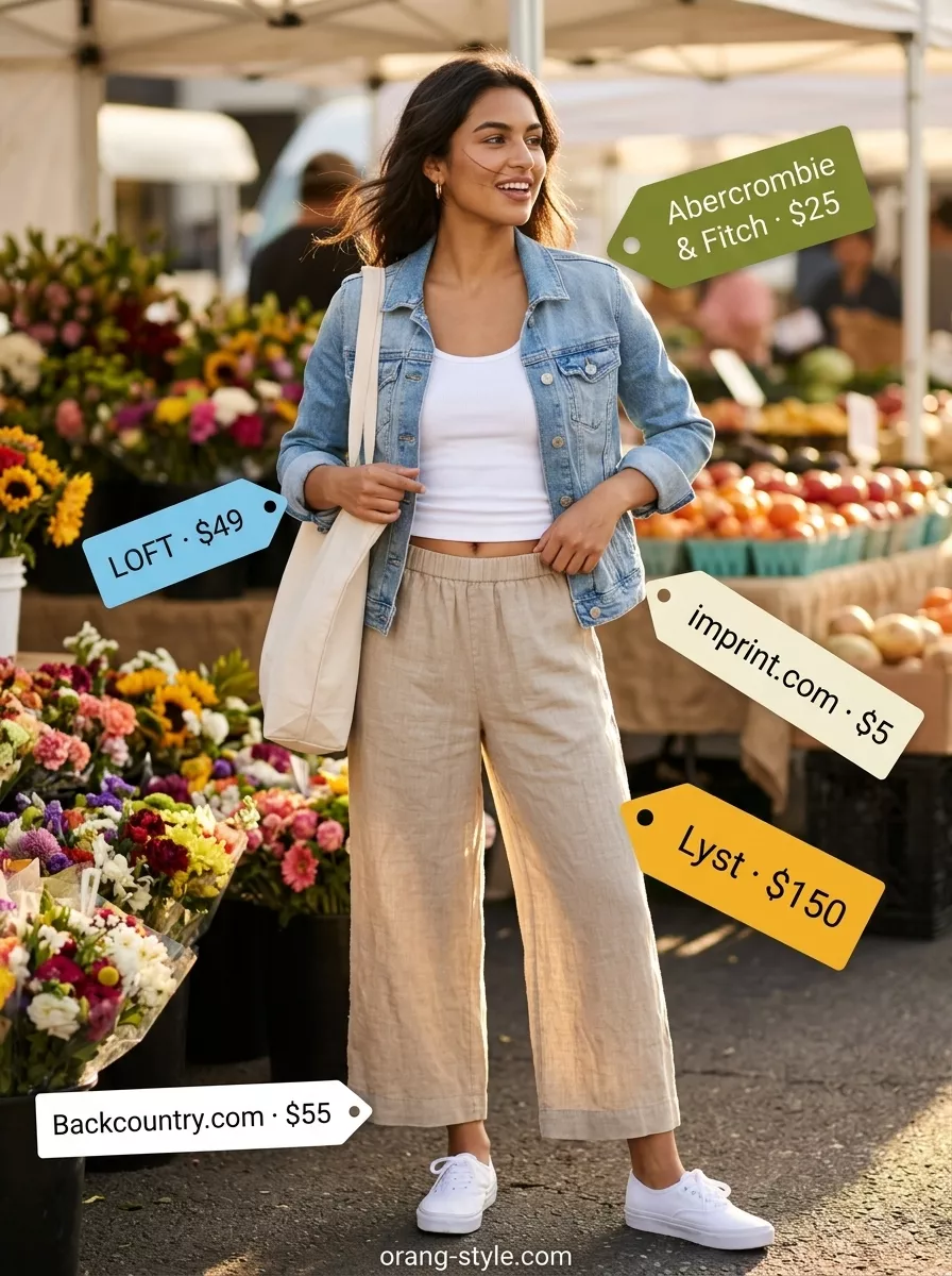 Casual summer tailored culottes for women 2026 in soft beige linen, paired with a white tank and denim jacket for relaxed weekend style.