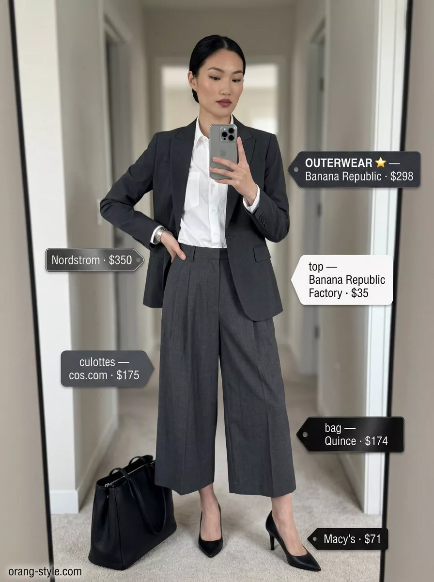 Professional charcoal grey tailored culottes for women 2026 styled with a blazer and white shirt for a modern power suit look.