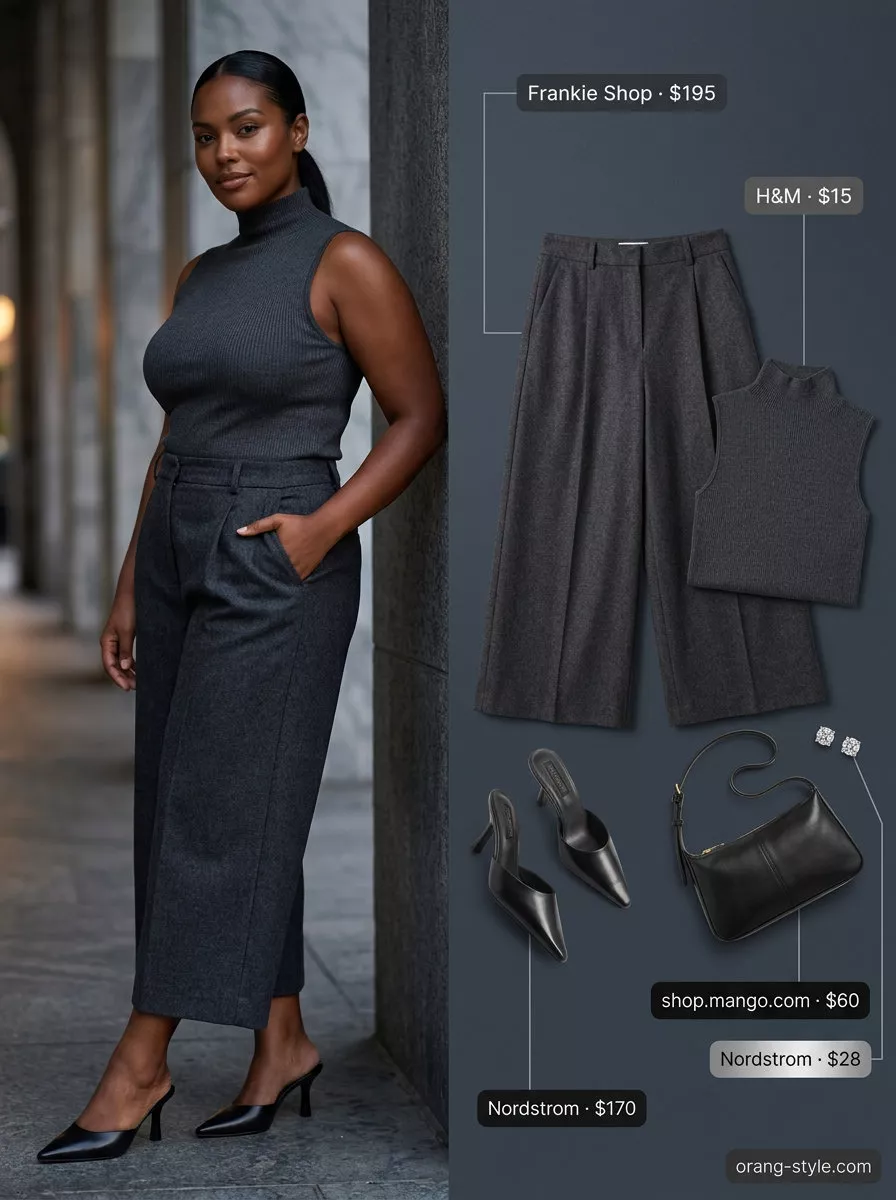 Chic charcoal grey tailored culottes for women 2026, styled with a mock neck top and heeled mules for a sophisticated evening look.
