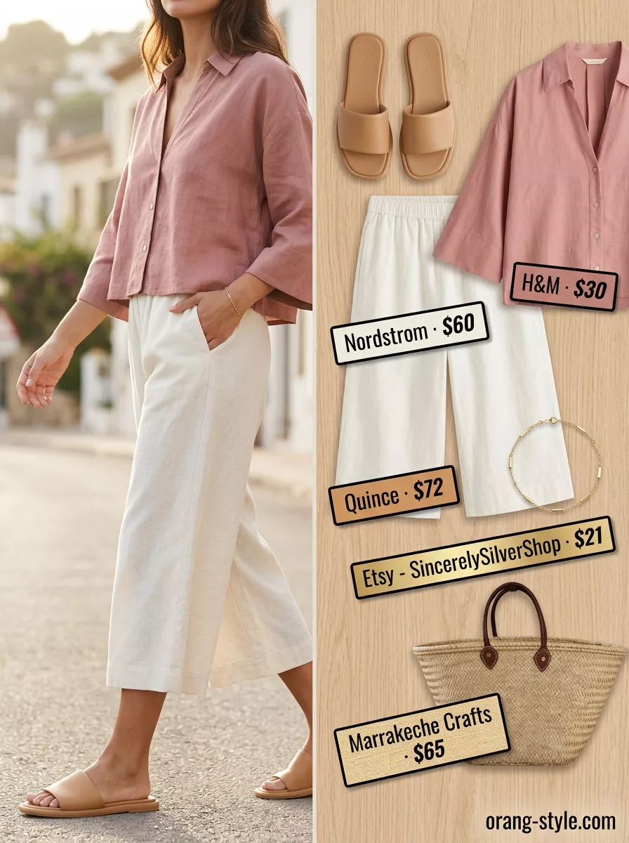 Ivory linen blend culottes for women 2026, styled with a blush pink top and straw tote for a relaxed coastal breeze outfit.