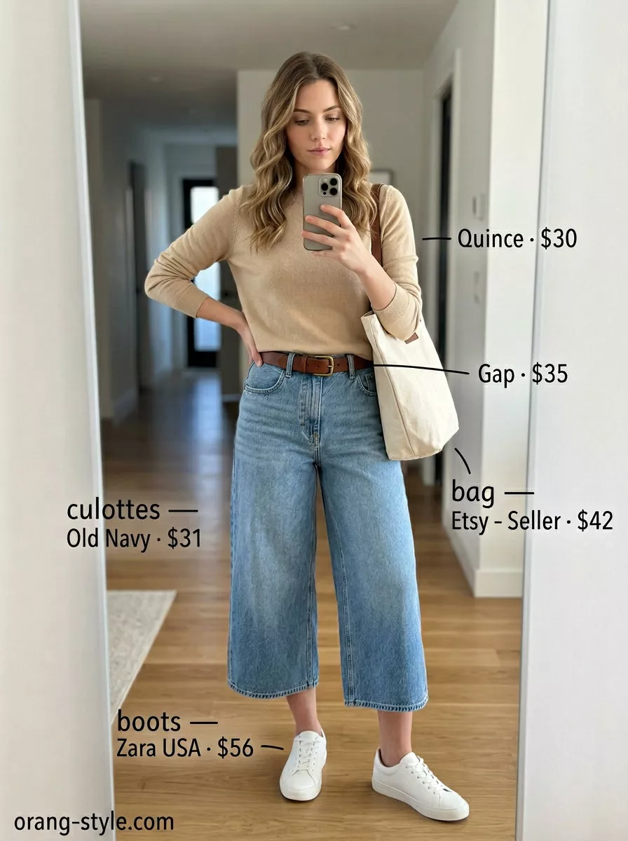 Casual light blue denim culottes for women 2026 with a beige knit sweater and white sneakers for a relaxed weekend look.