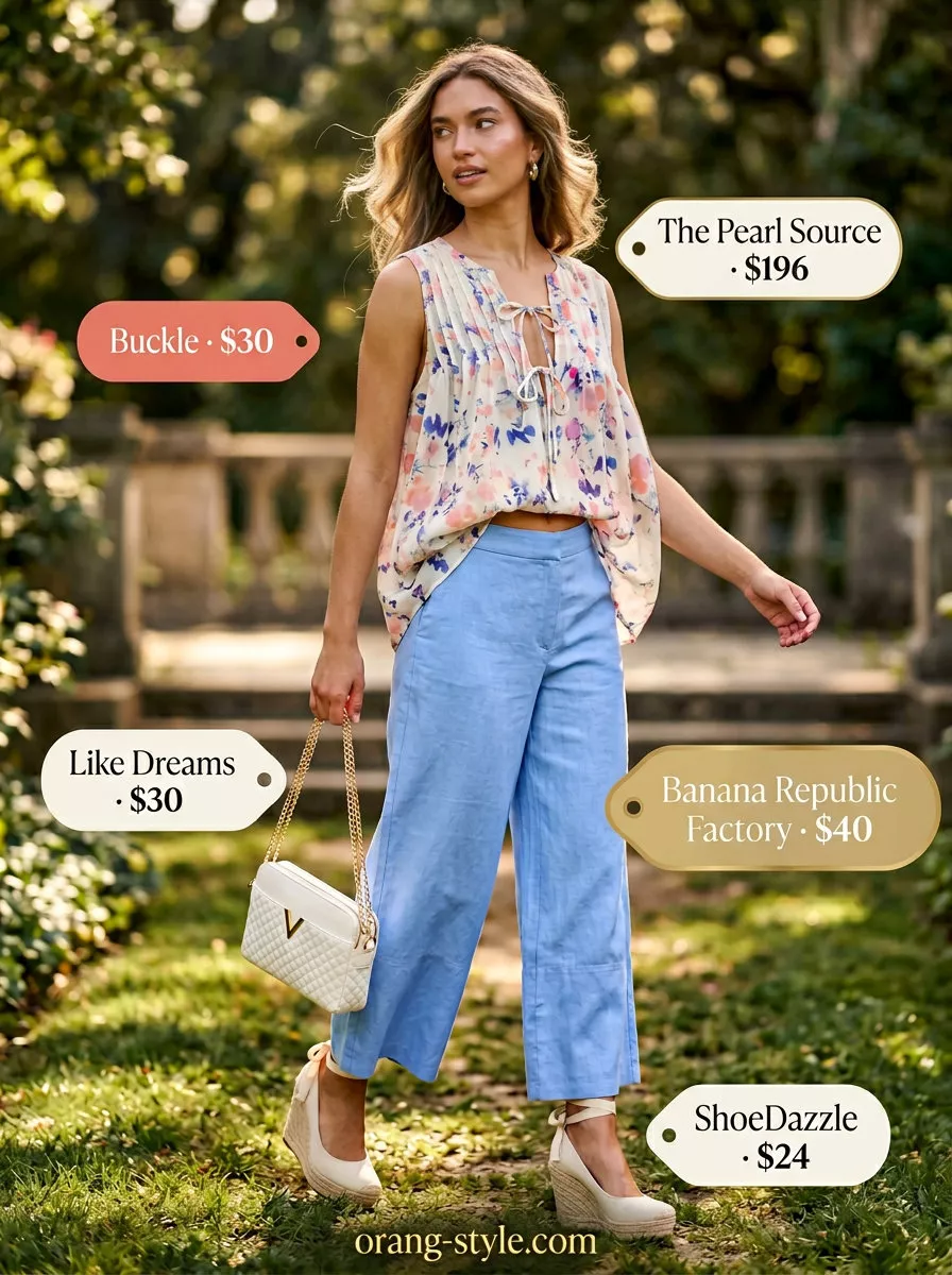 Pastel blue tailored culottes for women 2026, styled with a floral blouse and espadrilles for a polished garden party outfit.
