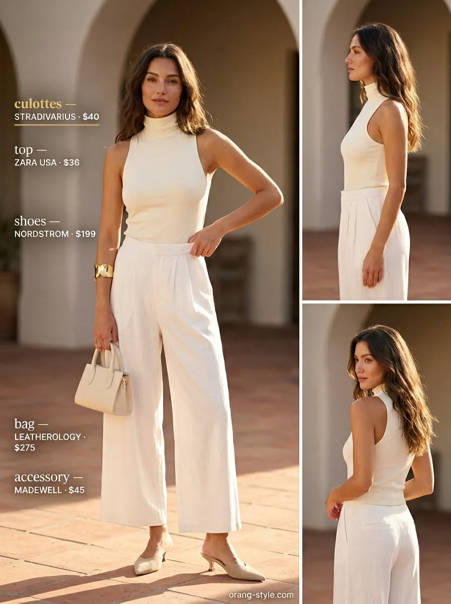 Elegant ivory tailored culottes for women 2026 in a monochromatic linen look with a knit top and nude mules for a chic event.