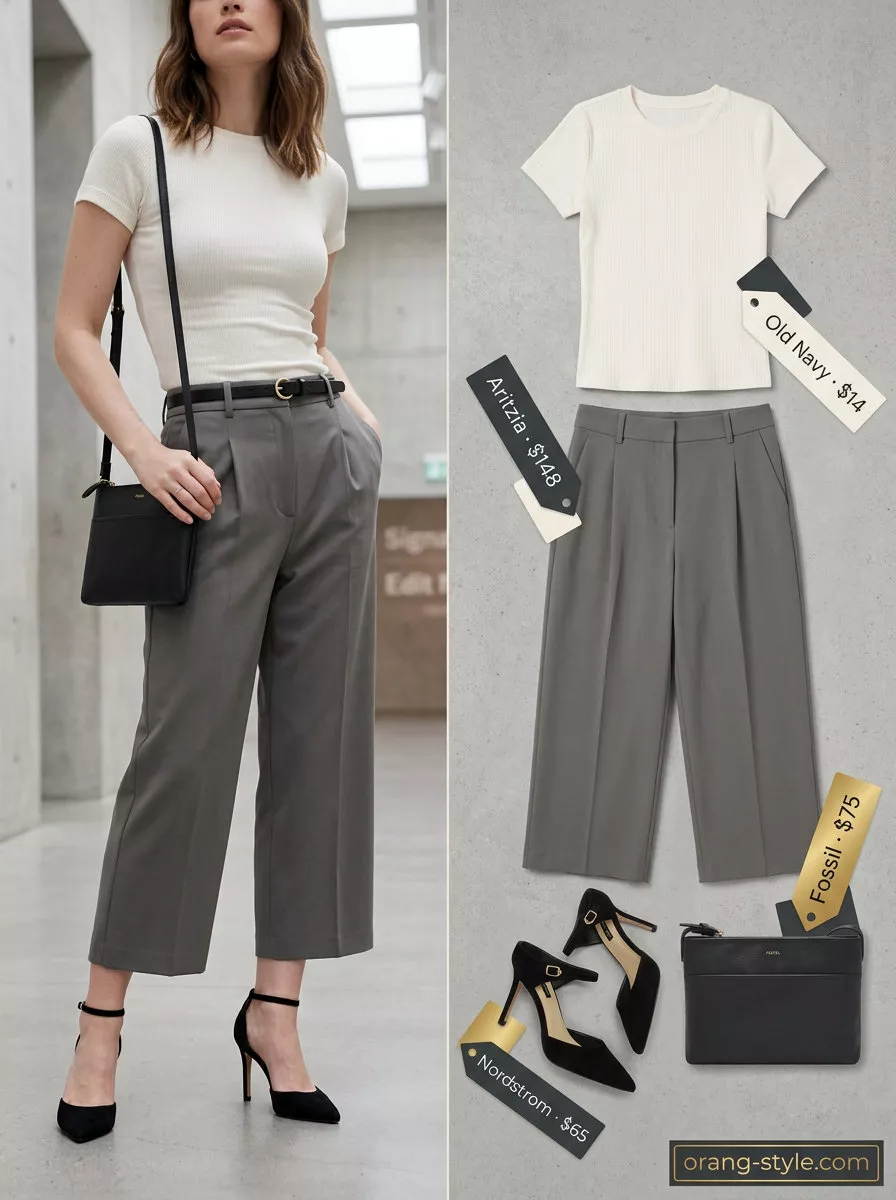 Stone grey tailored culottes for women 2026, styled with an ivory knit top and black mules for a modern minimalist daytime look.