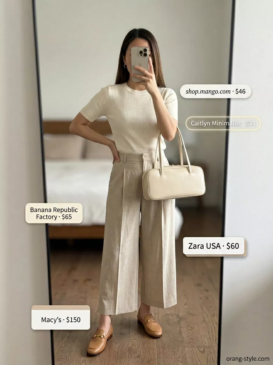 Monochromatic beige tailored culottes for women 2026, styled with a cream knit top and loafers for a sophisticated minimalist look.
