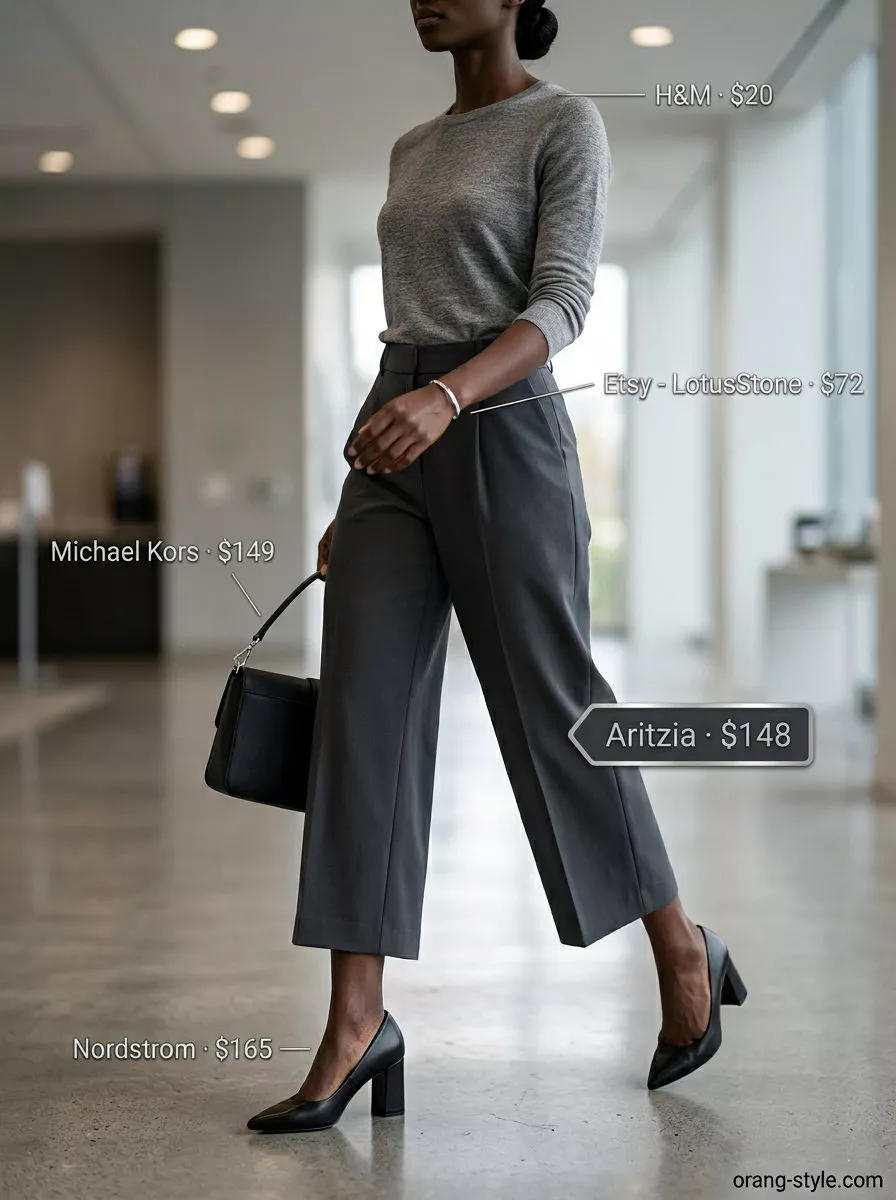 Elegant summer tailored culottes for women 2026 in charcoal grey for a powerful business casual look with knit top and block heels.