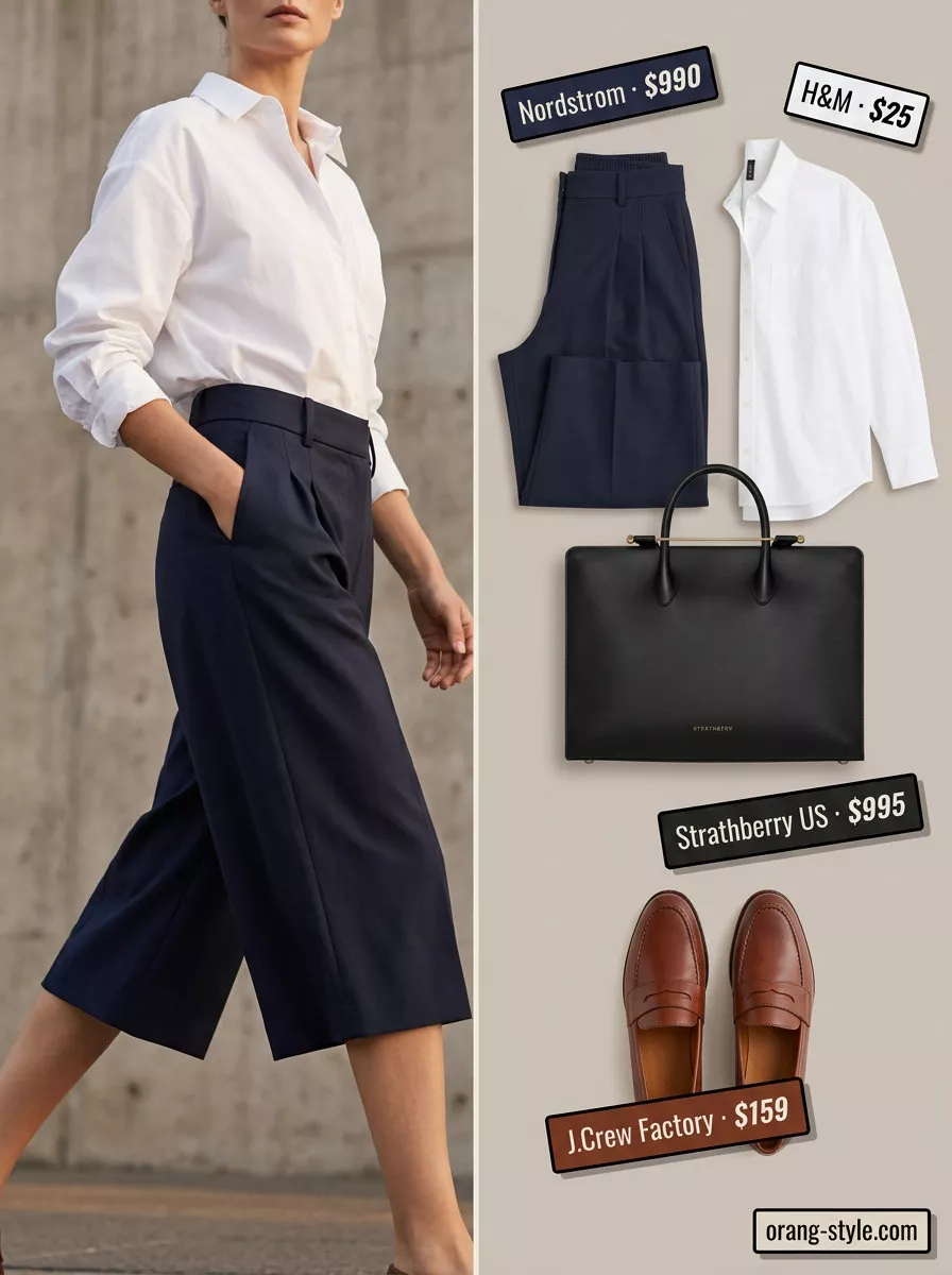 Polished navy tailored culottes for women 2026 with a white shirt and penny loafers for a chic city commute or business casual look.