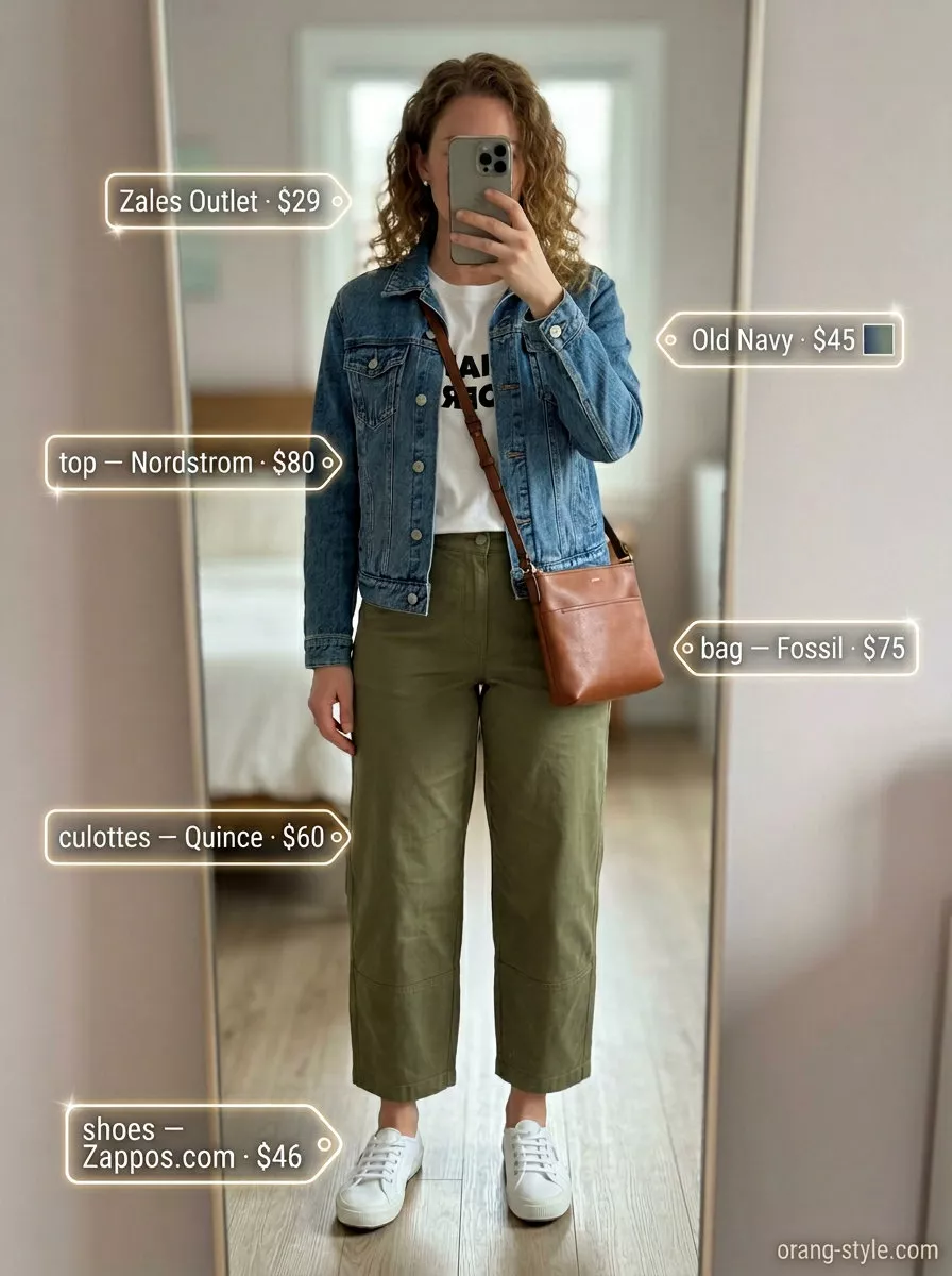 Casual olive green tailored culottes for women 2026 with a graphic tee, denim jacket, and sneakers for a cool weekend look.