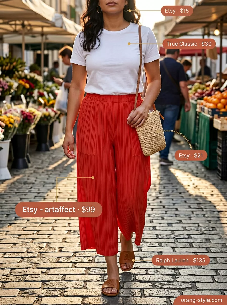 Playful red tailored culottes for women 2026, styled with a white tee and straw bag for a fun casual daytime outfit.