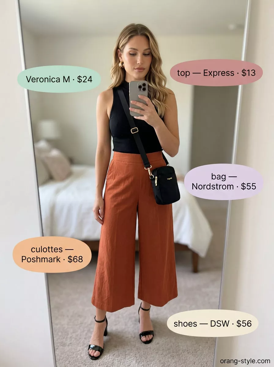 Chic rust orange tailored culottes for women 2026 with a black mock neck top and block heel sandals for an earthy evening look.