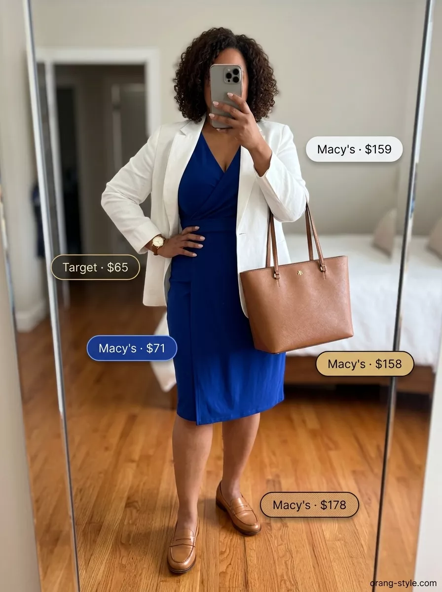 Elegant summer wrap dress outfits 2026: Navy knee-length wrap dress with blazer & loafers for smart casual.