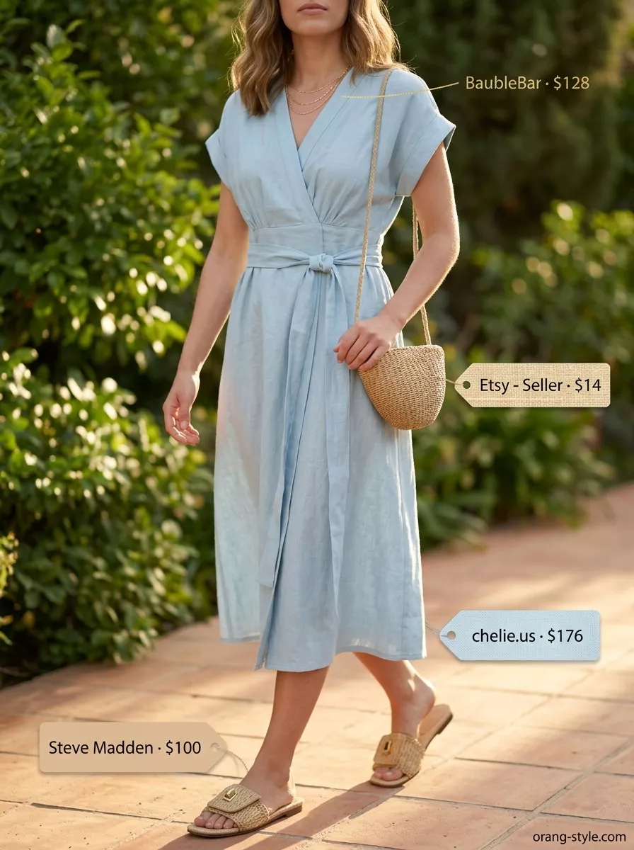 Elegant summer wrap dress outfits 2026: Sky blue midi wrap dress with blazer & loafers for office.