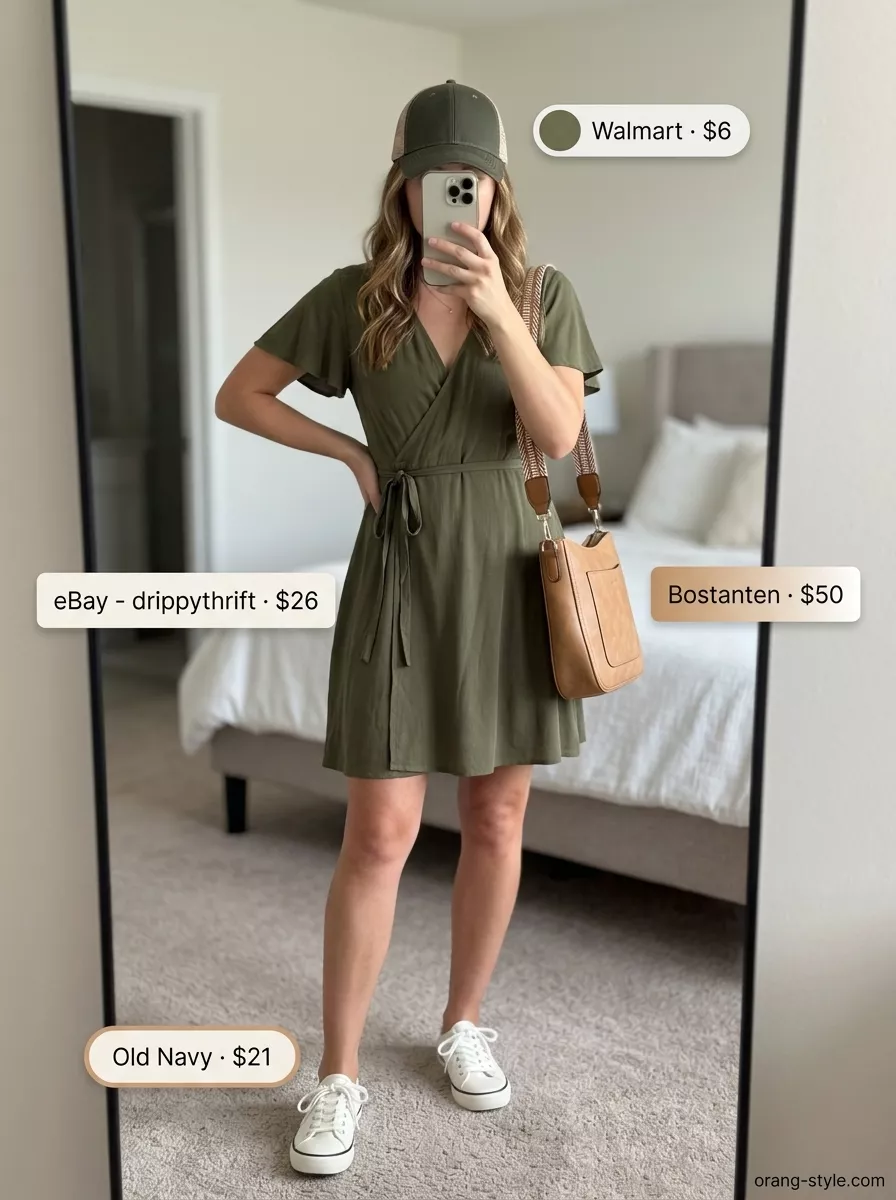 Olive green short wrap dress outfit with white sneakers, tan crossbody, and cap for effortless weekend ease. Elegant summer wrap dress outfits 2026.