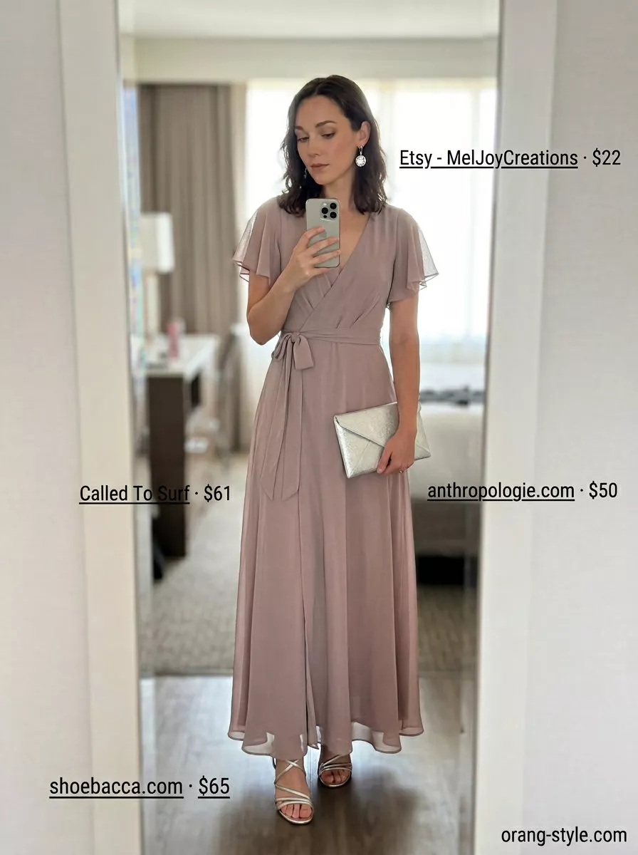 Romantic blush pink maxi wrap dress outfit for summer evenings 2026 with silver heels and clutch.