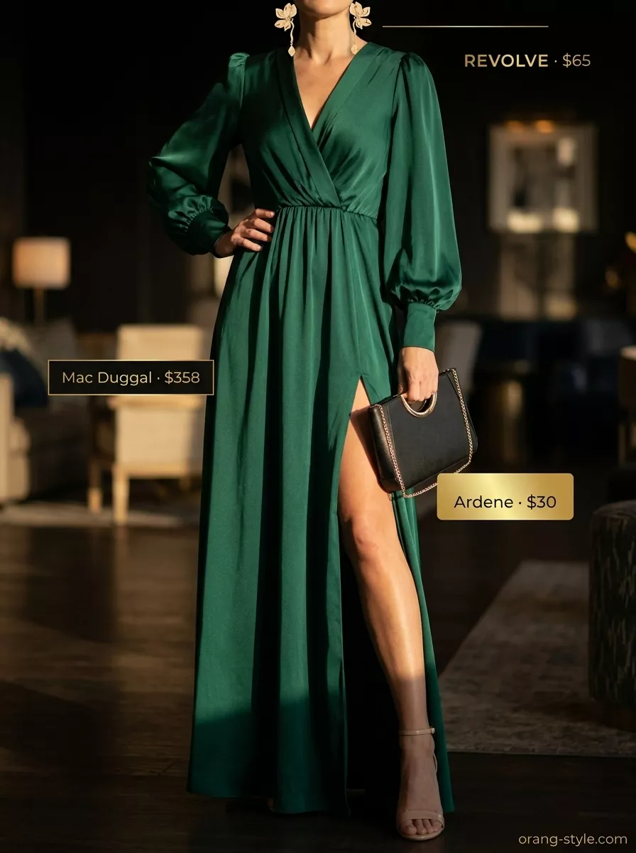 Elegant summer wrap dress outfits 2026: Emerald green maxi wrap dress with statement earrings & clutch for evening.