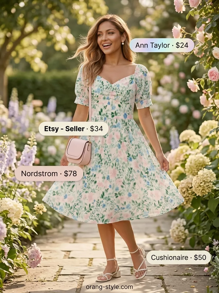Pastel floral midi wrap dress outfit with cream sandals, pale pink bag, and pearl earrings for garden party grace. Elegant summer wrap dress outfits 2026.