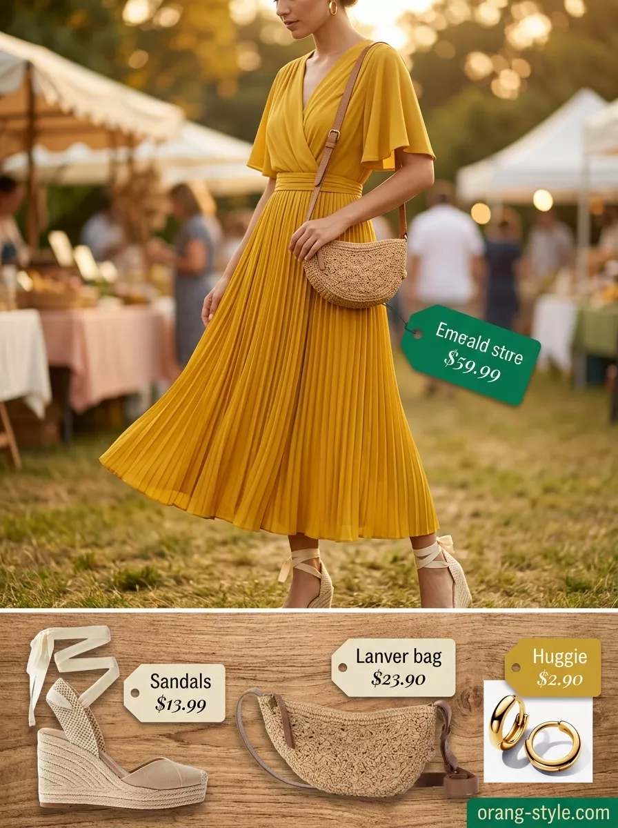 Elegant summer wrap dress outfits 2026: Yellow midi wrap dress with espadrilles & gold hoops for garden party.