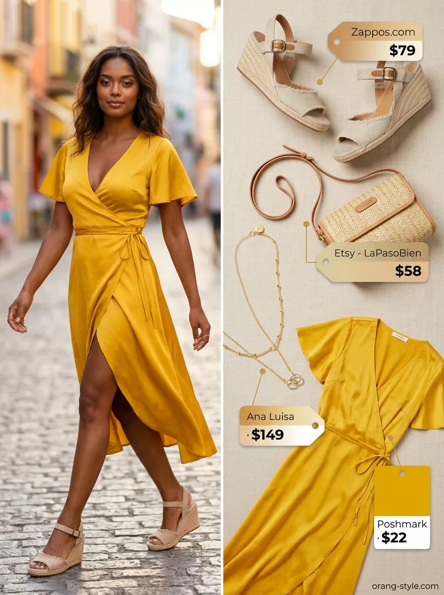 Effortless marigold yellow wrap dress outfit for summer brunch 2026 with espadrilles and straw crossbody.