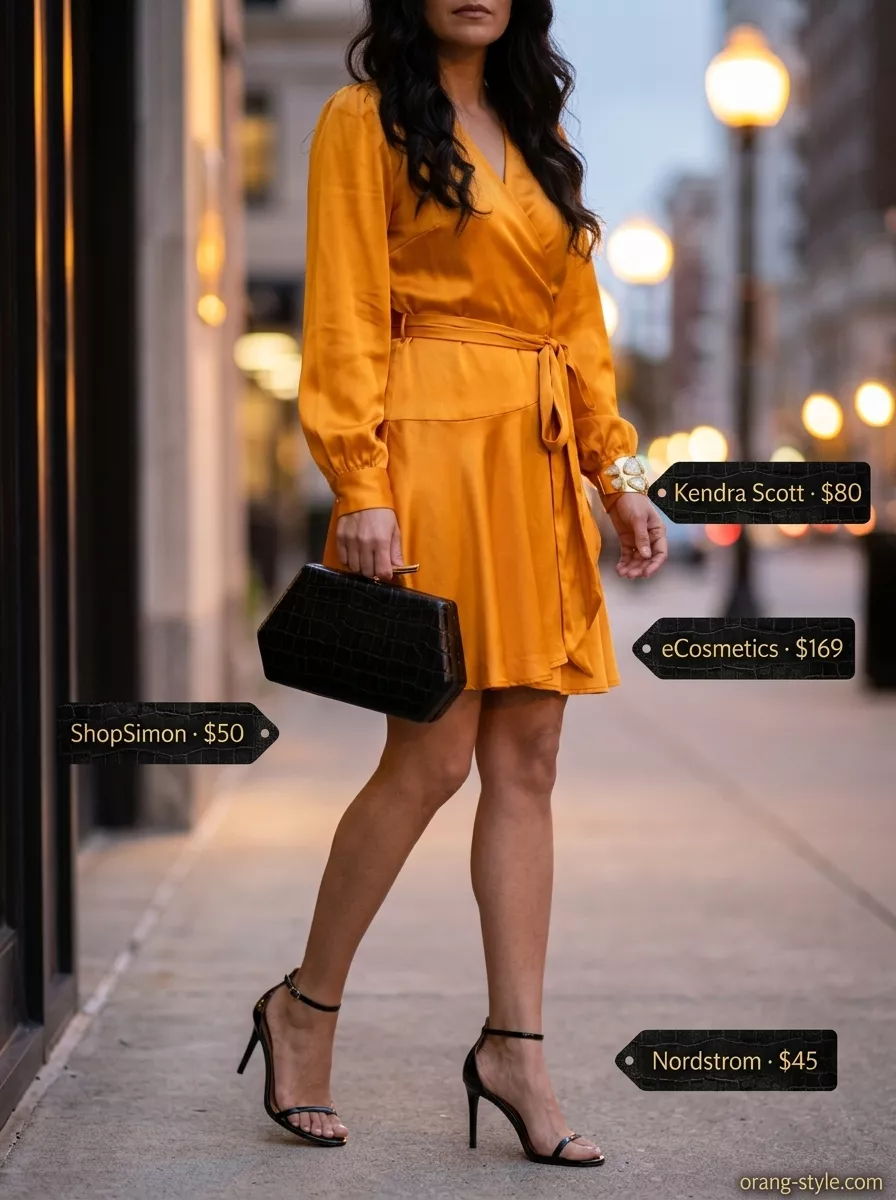 Vibrant marigold yellow wrap dress outfit for cocktail parties 2026 with gold accents and black heels.
