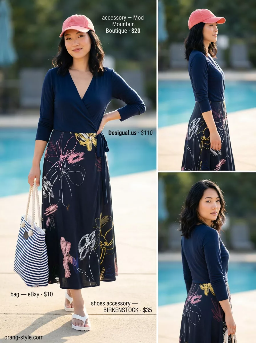 Denim blue wrap dress outfit with white slides, coral cap, and striped tote for poolside lounging. Elegant summer wrap dress outfits 2026.