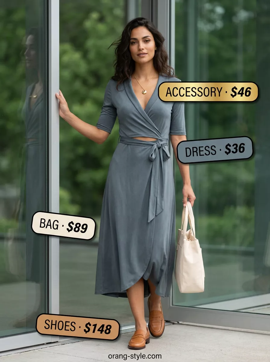 Olive green long-sleeve wrap dress outfit with tan loafers, cream tote, and gold pendant for summer commute. Elegant summer wrap dress outfits 2026.