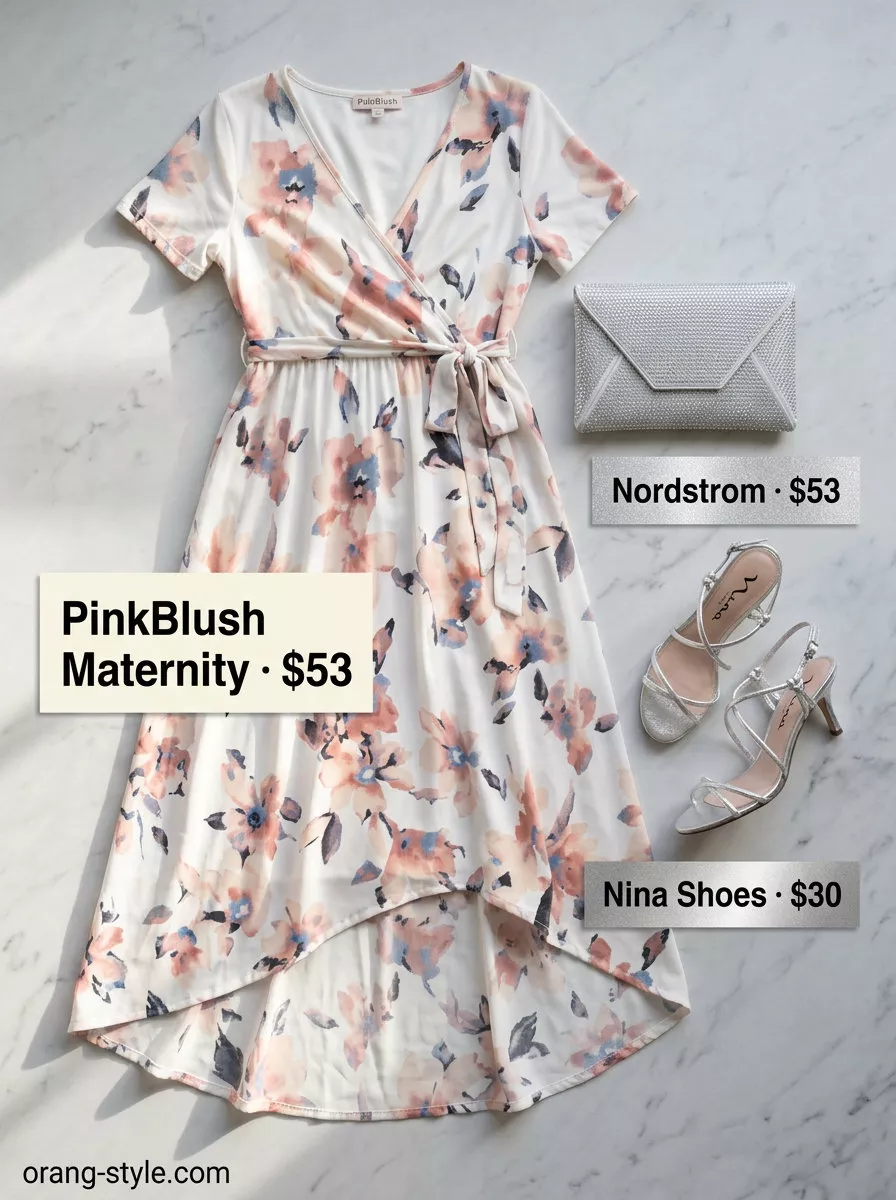 Pastel floral midi wrap dress outfit with silver heels, clutch, and crystal earrings for a summer evening soiree. Elegant summer wrap dress outfits 2026.