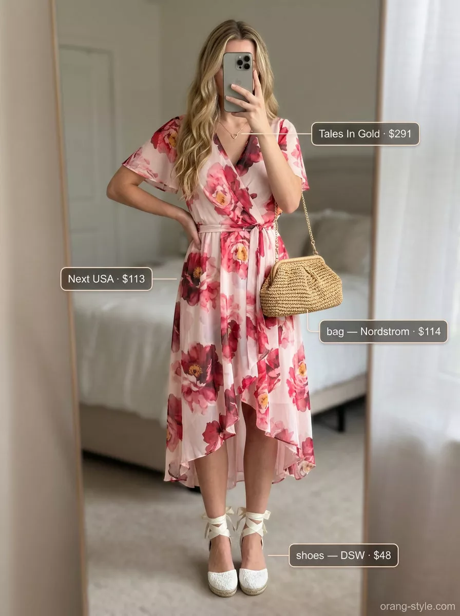 Sweet pastel floral wrap dress outfit for garden parties 2026 with espadrilles and straw bag.