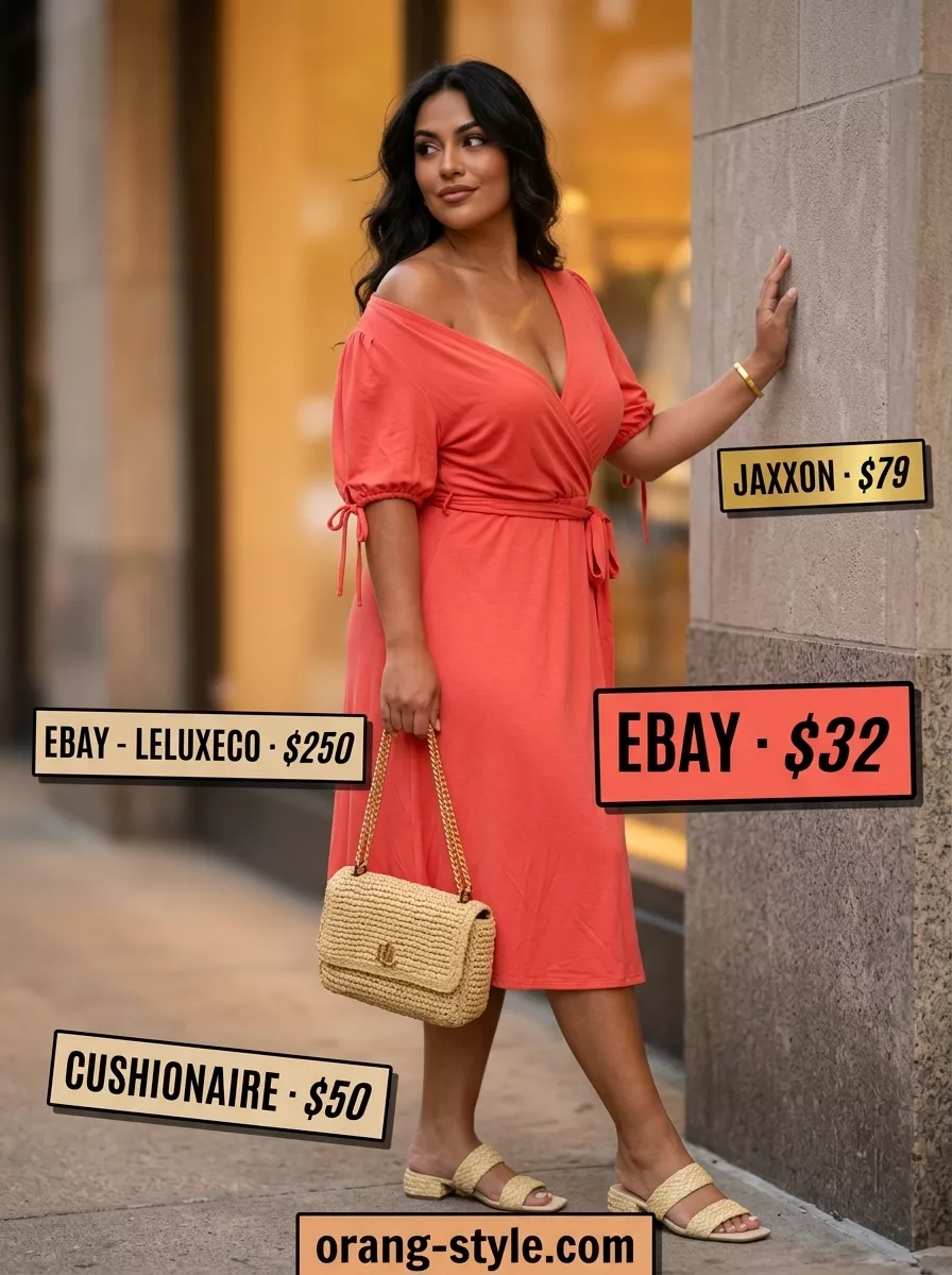 Festive coral wrap dress outfit for summer parties 2026 with raffia sandals and gold accessories.