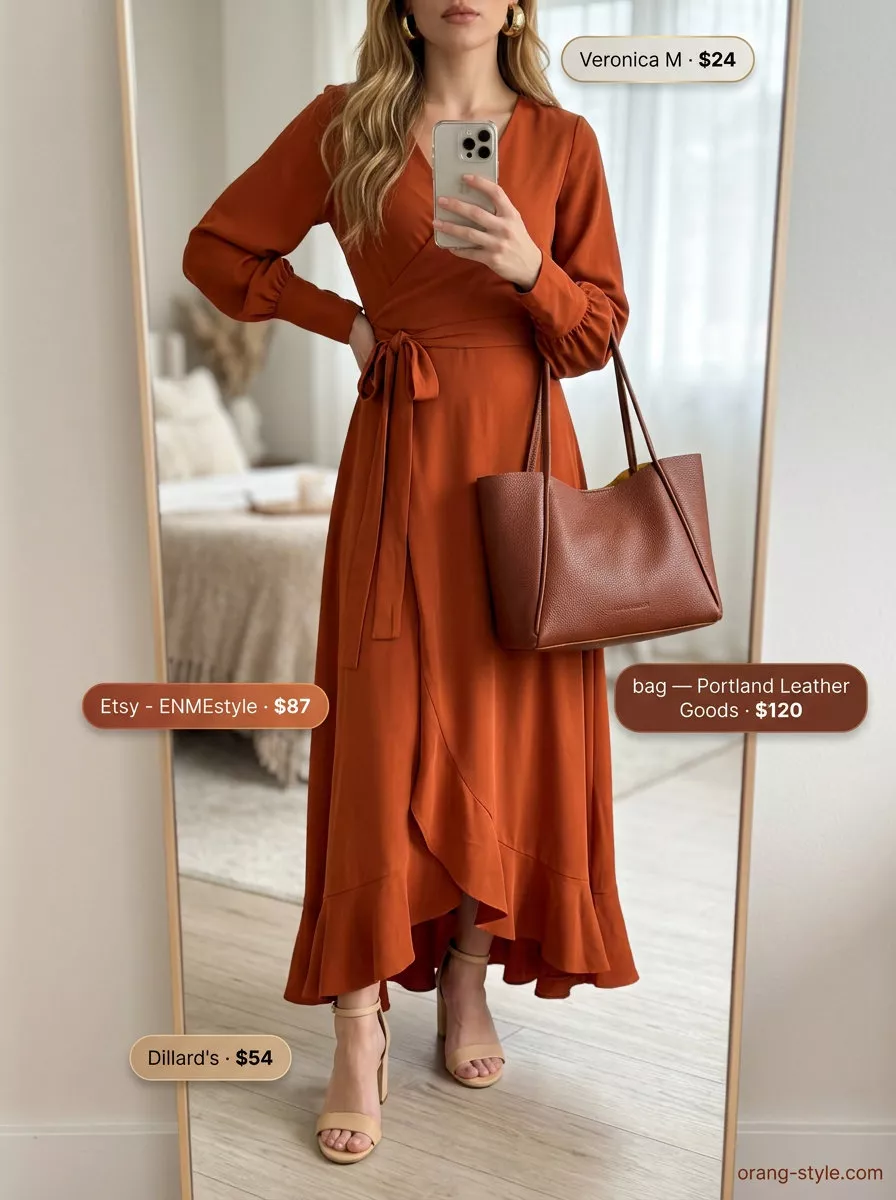 Elegant summer wrap dress outfits 2026: Rust orange maxi wrap dress with block heels & leather tote for evening.