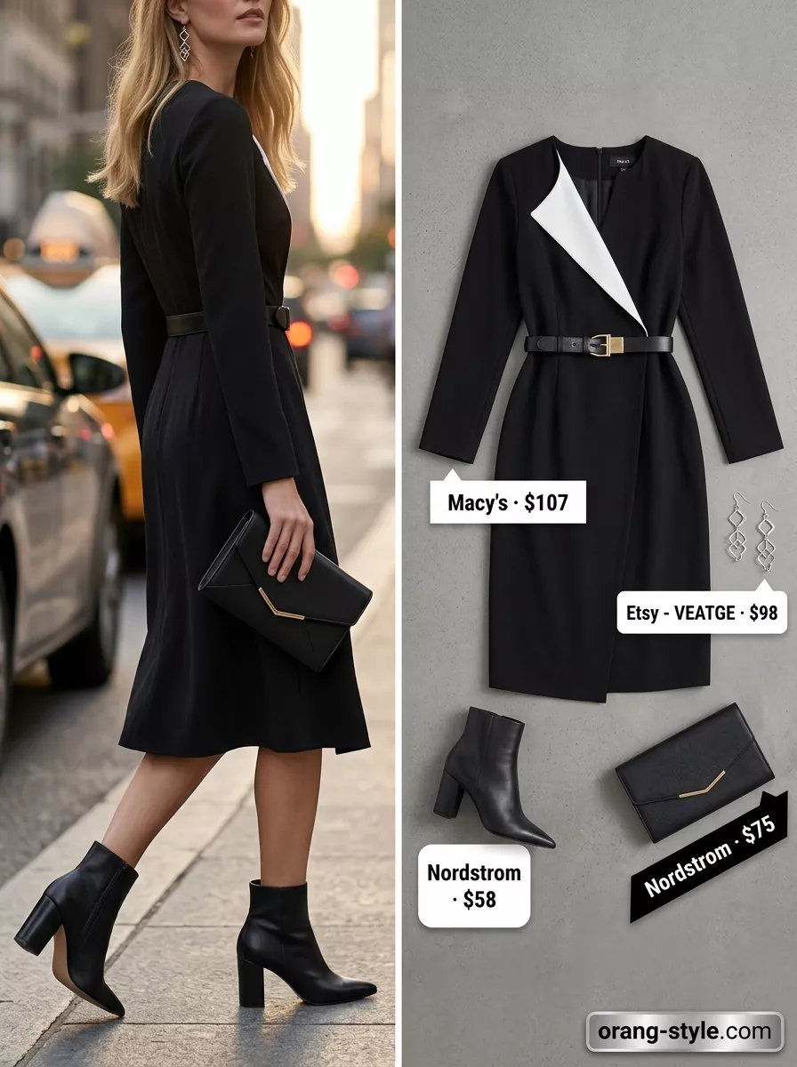 Sophisticated black wrap dress outfit for city evenings 2026 with ankle boots and statement earrings.