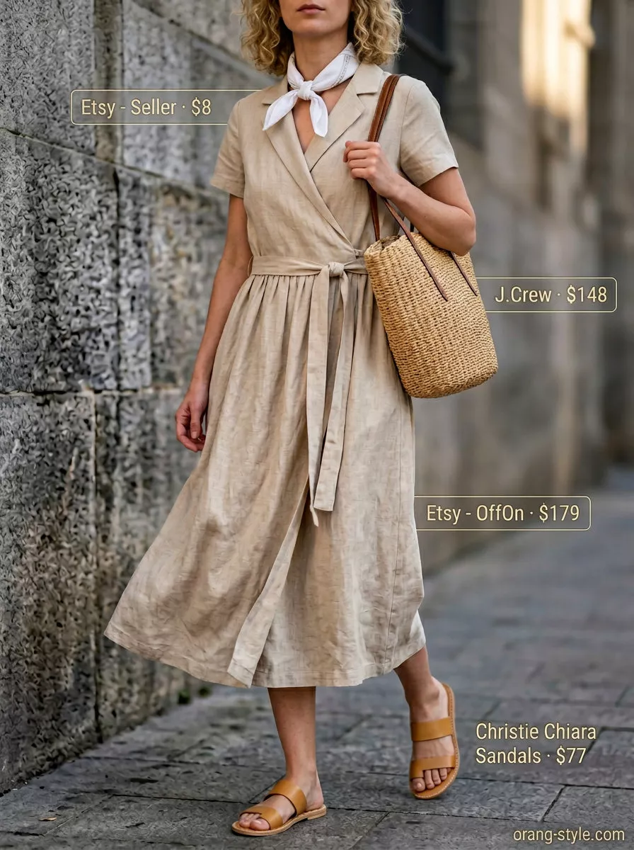 Elegant summer wrap dress outfits 2026: Beige linen knee-length wrap dress with bandana & leather sandals.