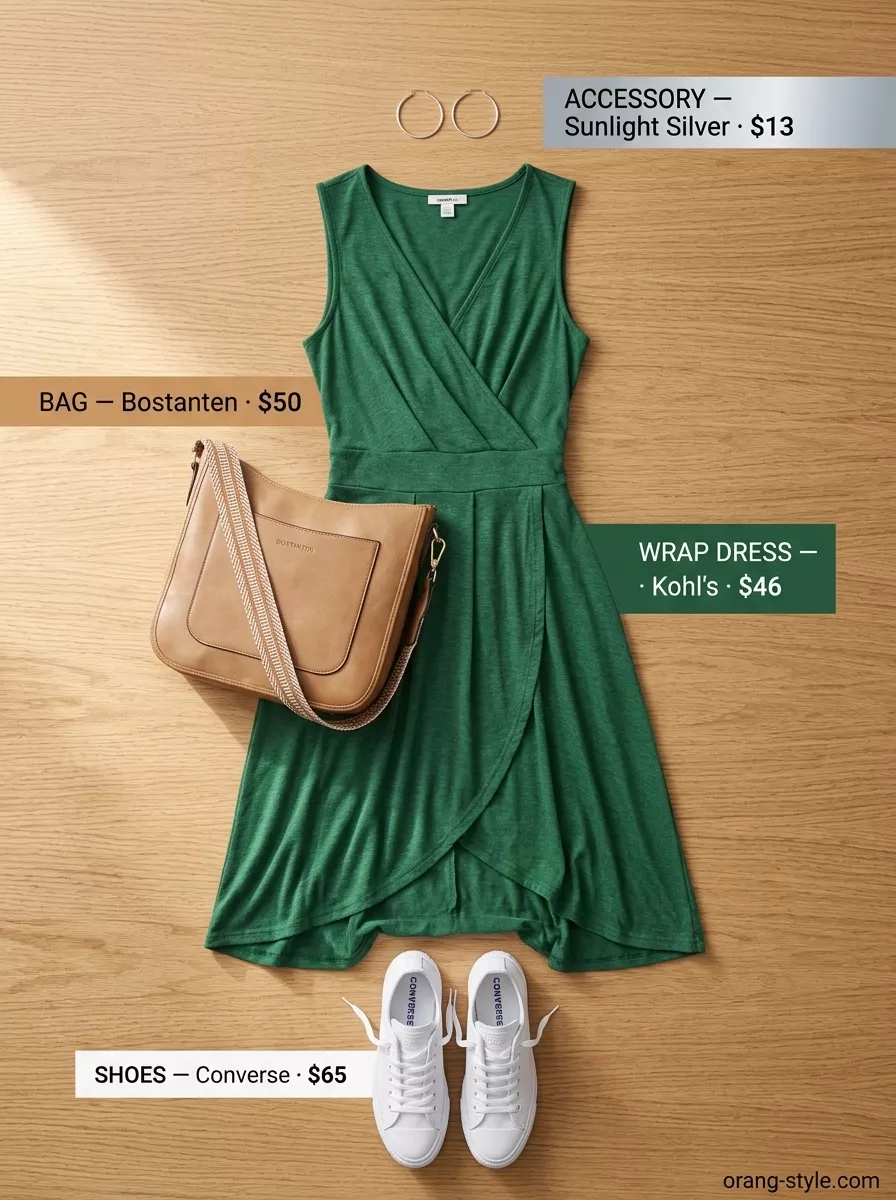 Bright blue wrap dress outfit with mustard yellow accents, white sneakers, and tan crossbody for weekend casual cool. Elegant summer wrap dress outfits 2026.