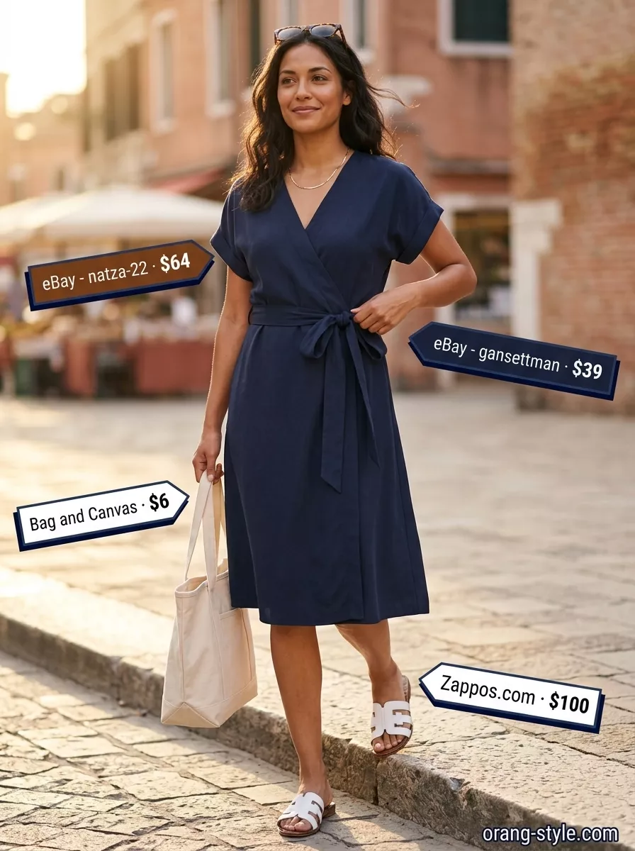 Elegant summer wrap dress outfits 2026: Navy knee-length wrap dress with slides & canvas tote for travel.