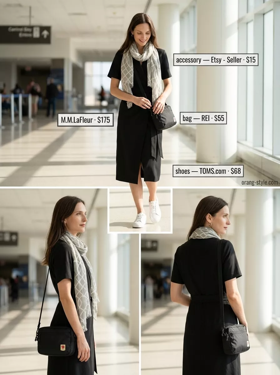 Light beige wrap dress outfit with white fashion sneakers, black crossbody, and travel scarf for a weekend getaway. Elegant summer wrap dress outfits 2026.