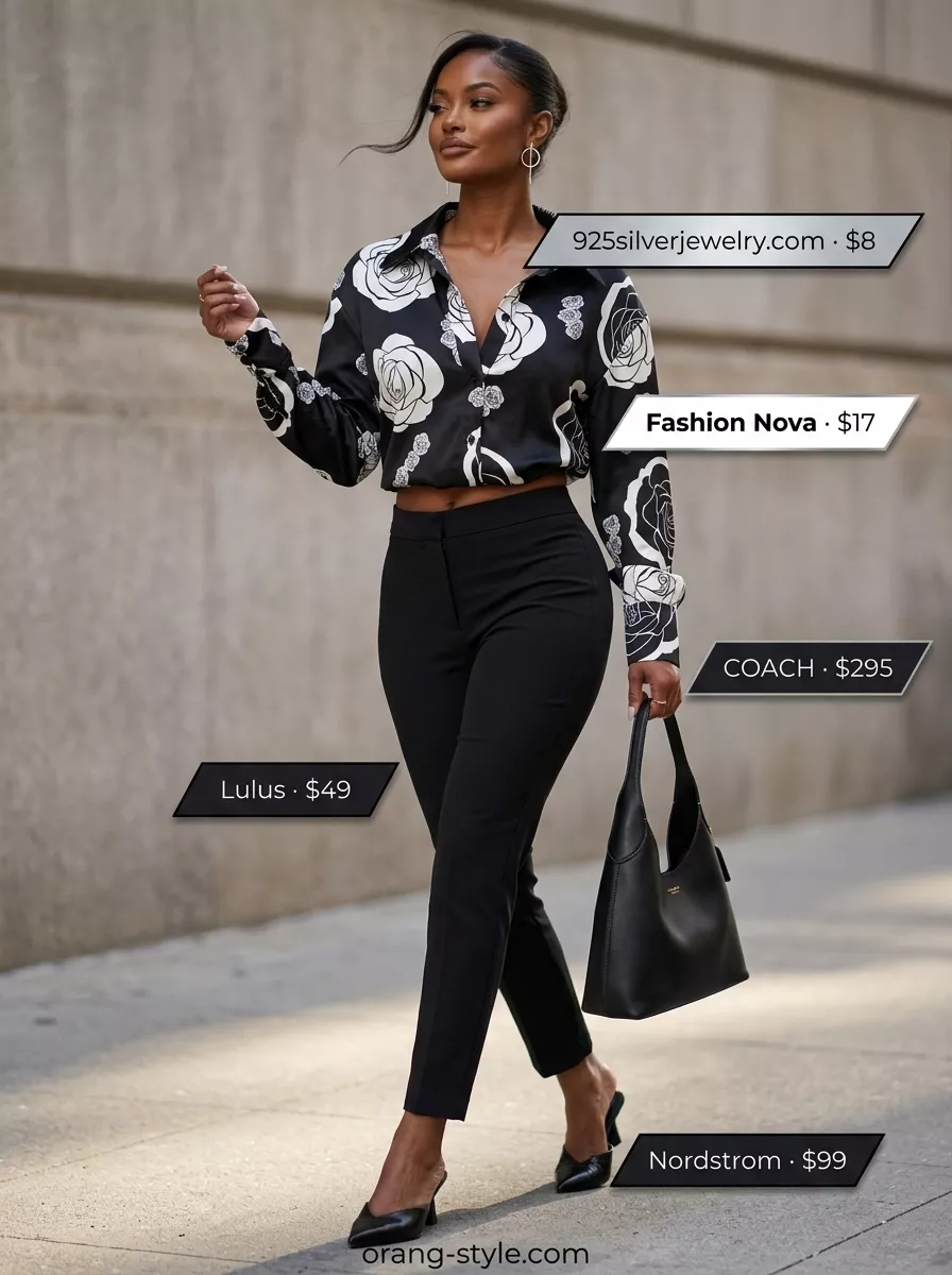 Floral Summer Blouses 2026: Urban Chic Chic floral summer blouse 2026 for city outings with tailored trousers, mule heels, and shoulder bag.
