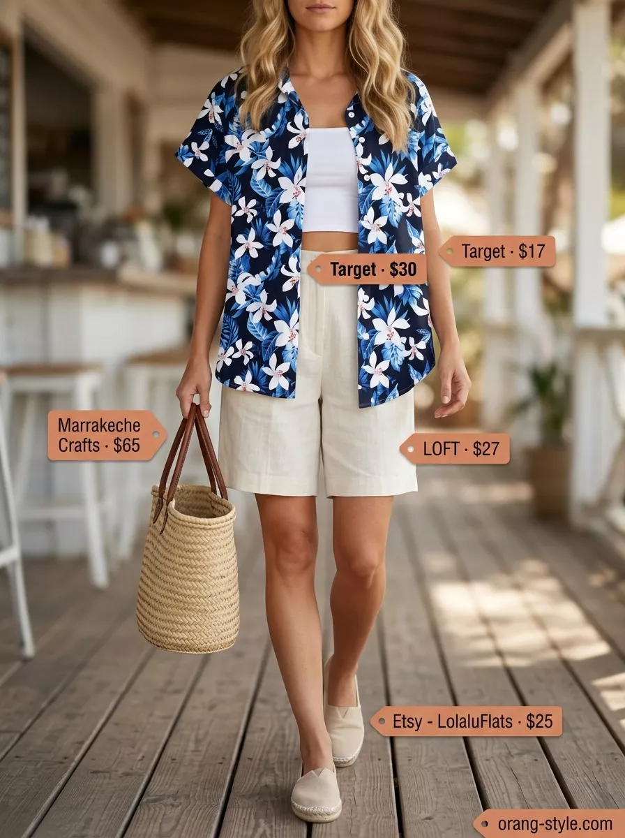 Effortless Floral Summer Blouses 2026: Coastal Chic Navy floral summer blouse 2026 with linen shorts for beachside cafe. Relaxed, effortless outfit.