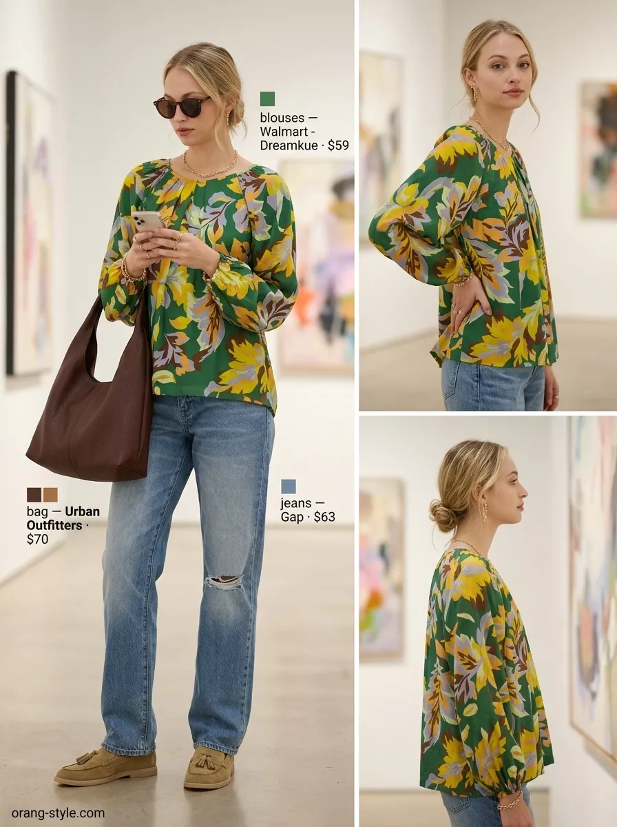 Creative Floral Summer Blouses 2026 Abstract floral summer blouse 2026 with medium wash jeans, tan loafers, and oversized sunglasses for a creative casual look.