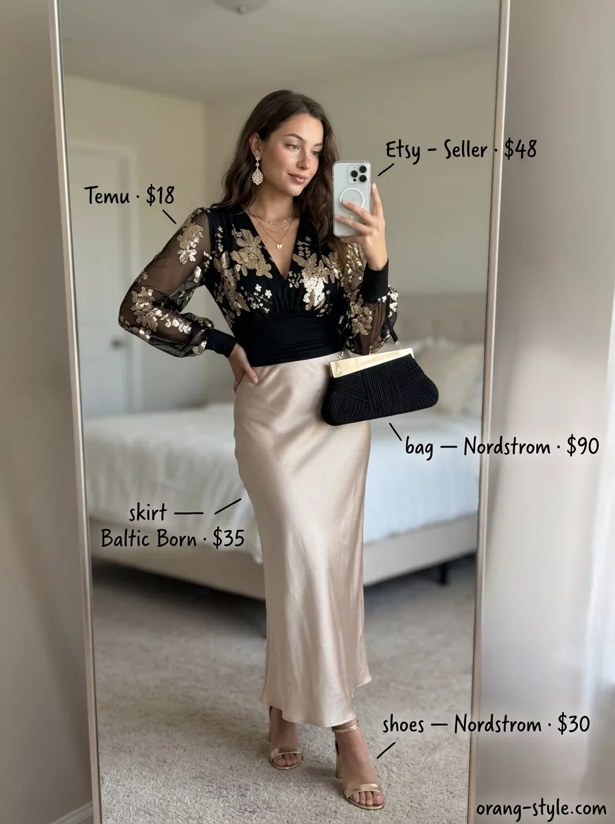 Romantic Floral Summer Blouses 2026: Date Night Rose floral sheer summer blouse 2026 with satin skirt for date night. Romantic, elegant outfit.