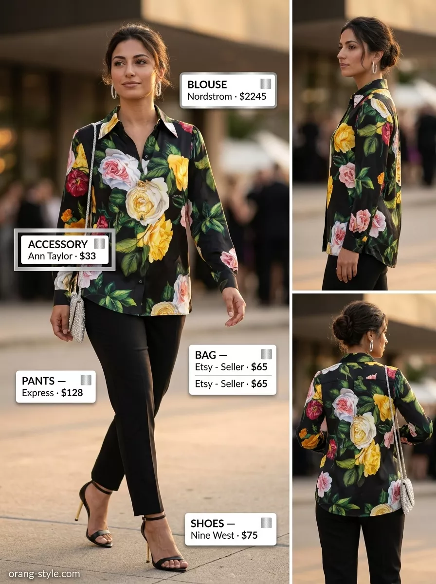 Elegant Floral Summer Blouses 2026: Evening Out Burgundy floral summer blouse 2026 with slim trousers for evening out. Romantic, elegant outfit.