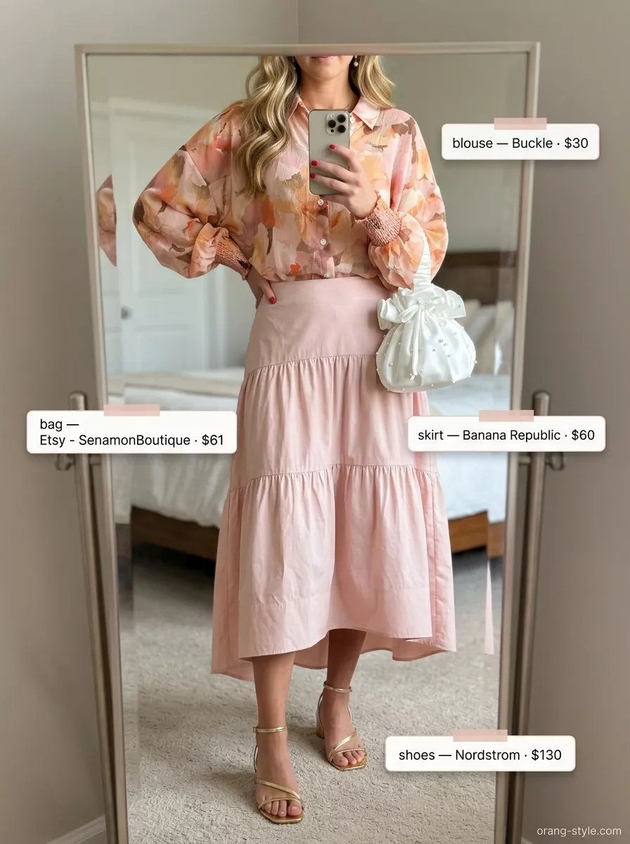 Elegant Floral Summer Blouses 2026 Pastel floral summer blouse 2026 with a blush pink midi skirt, block heel sandals, and pearl earrings for garden party elegance.