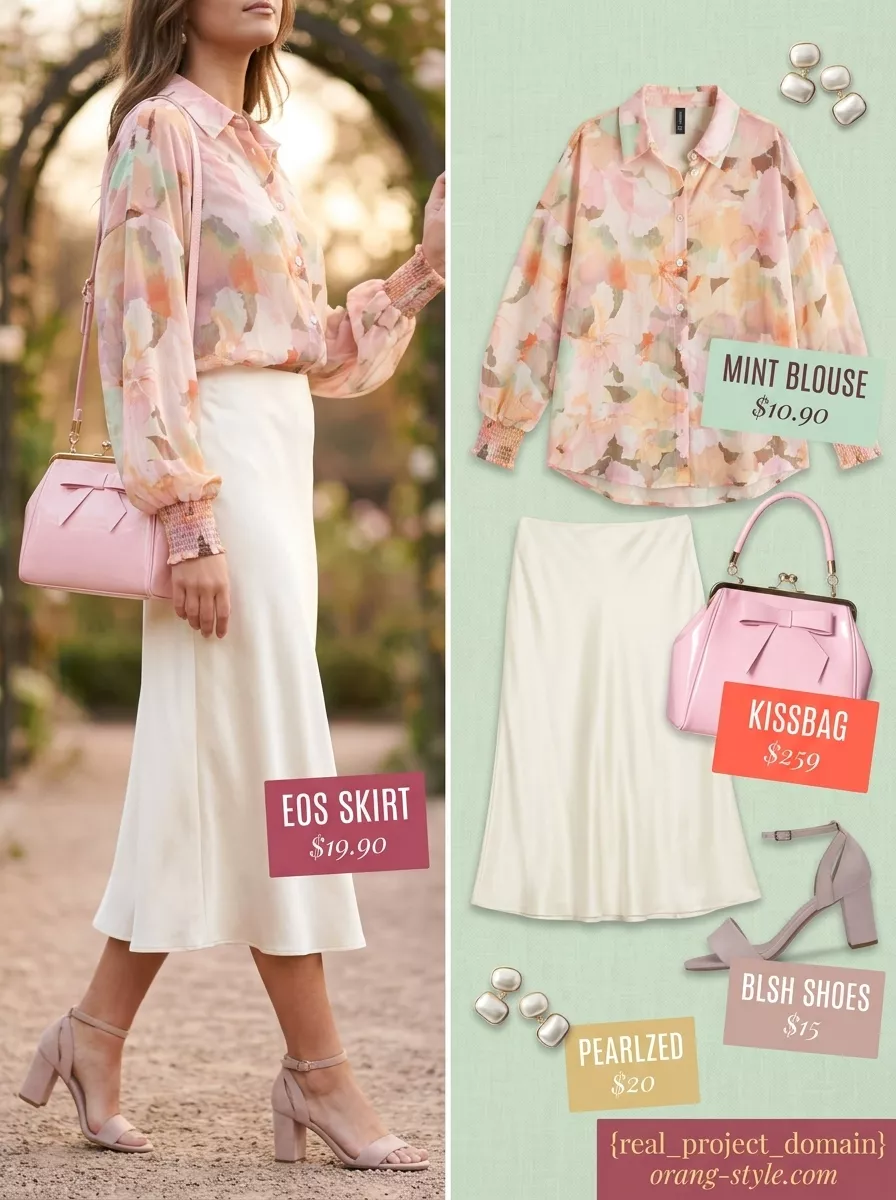 Floral Summer Blouses 2026: Garden Party Chic Pastel floral summer blouse 2026 for garden party outfit with puff sleeves, midi skirt, and block heels.