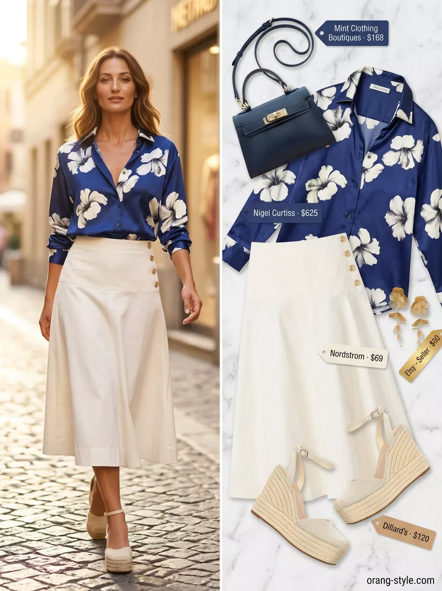 Elegant Floral Summer Blouses 2026: Garden Party Navy floral summer blouse 2026 with midi skirt for garden party. Elegant, feminine outfit.